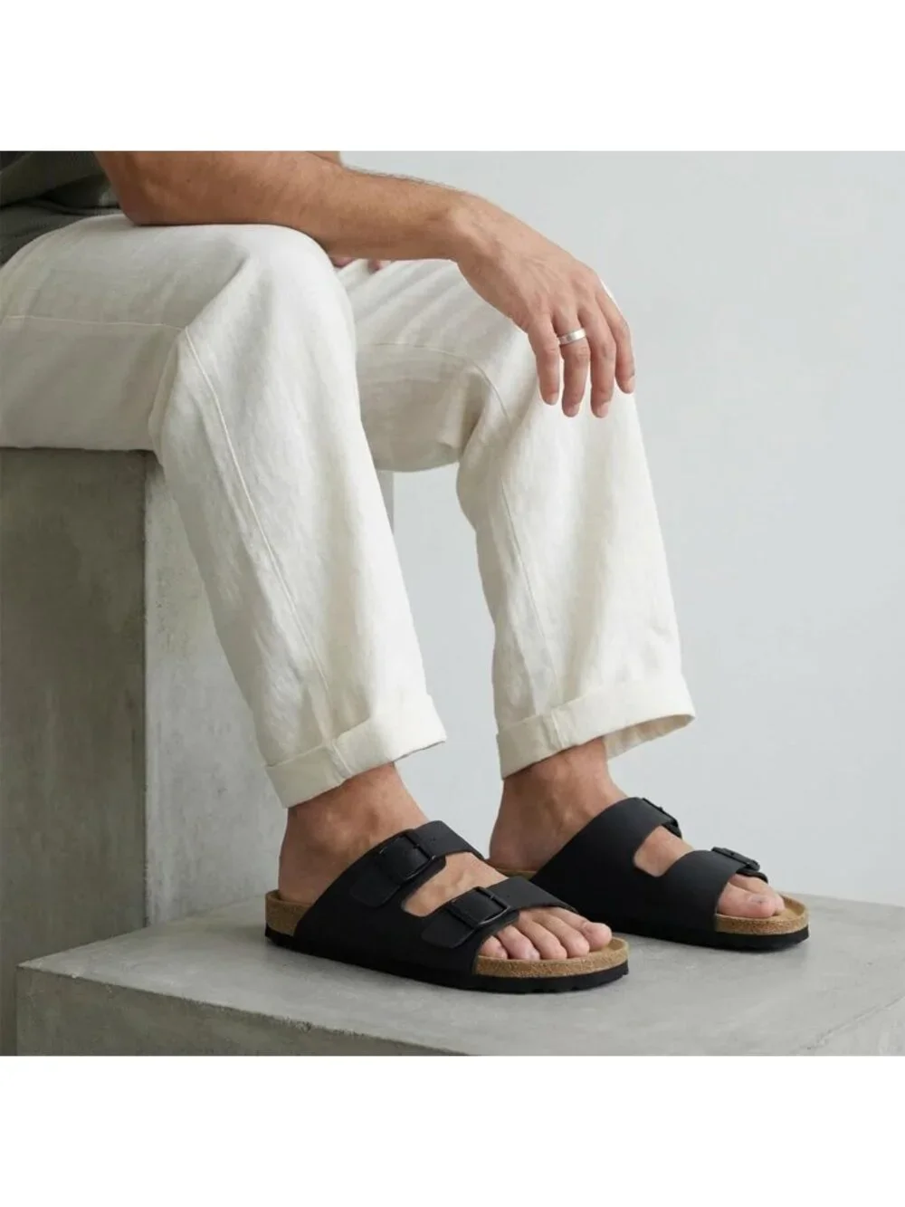 Men's Black Lane Cork Footbed Sandals Adjustable Buckle Comfort Slides